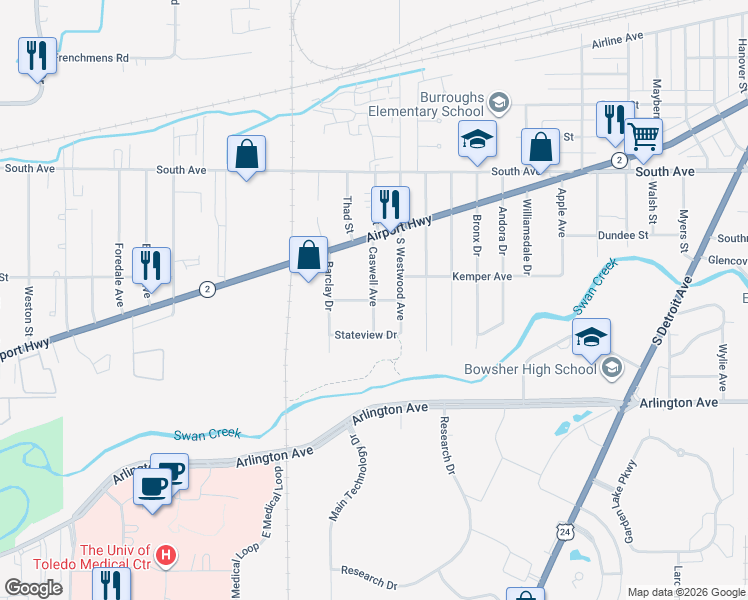 map of restaurants, bars, coffee shops, grocery stores, and more near 2699 Burwell Dr in Toledo