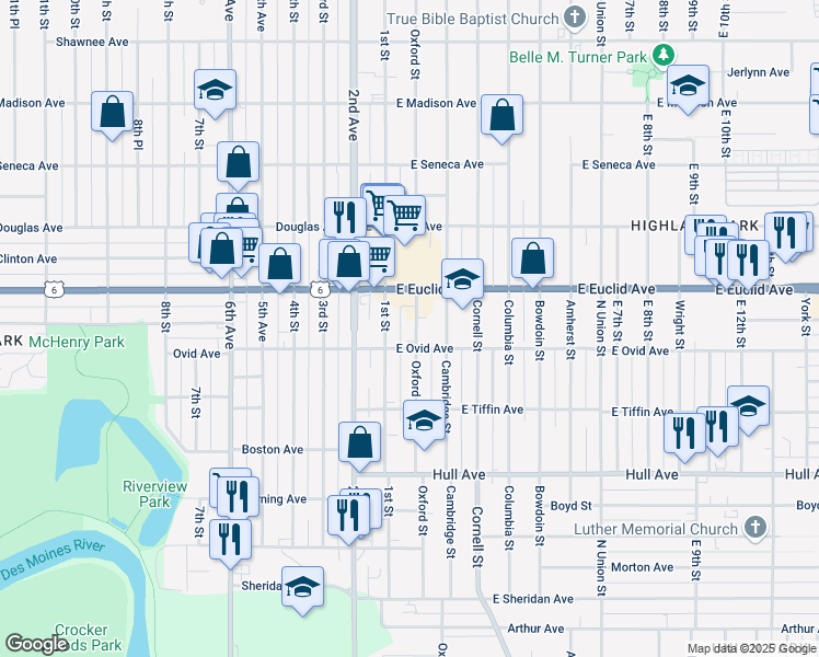 map of restaurants, bars, coffee shops, grocery stores, and more near 3416 Oxford Street in Des Moines