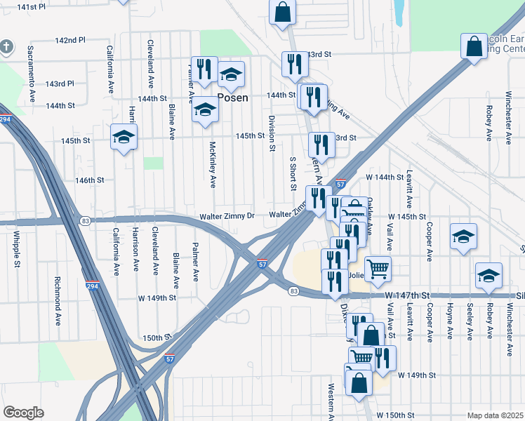 map of restaurants, bars, coffee shops, grocery stores, and more near 2412 Walter Zimny Drive in Posen