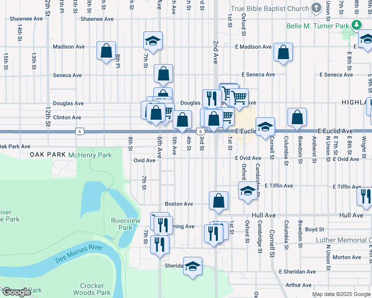 map of restaurants, bars, coffee shops, grocery stores, and more near 3416 4th Street in Des Moines