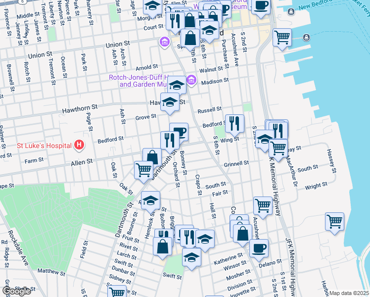 map of restaurants, bars, coffee shops, grocery stores, and more near 8 Bonney Street in New Bedford