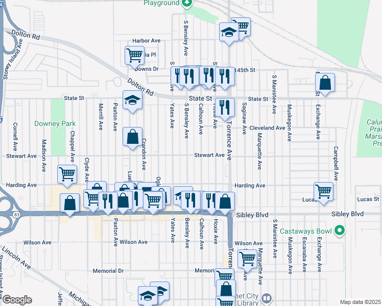 map of restaurants, bars, coffee shops, grocery stores, and more near 365 Bensley Ave in Calumet City