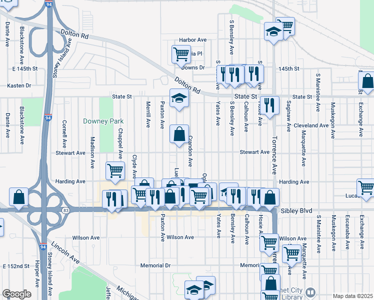 map of restaurants, bars, coffee shops, grocery stores, and more near 364 Crandon Avenue in Calumet City