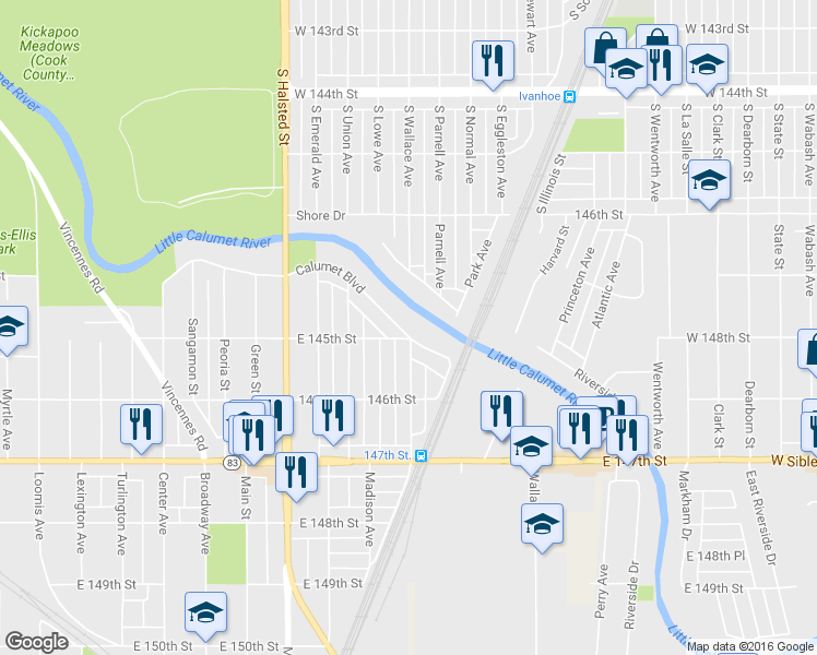 map of restaurants, bars, coffee shops, grocery stores, and more near 395 Calumet Boulevard in Harvey