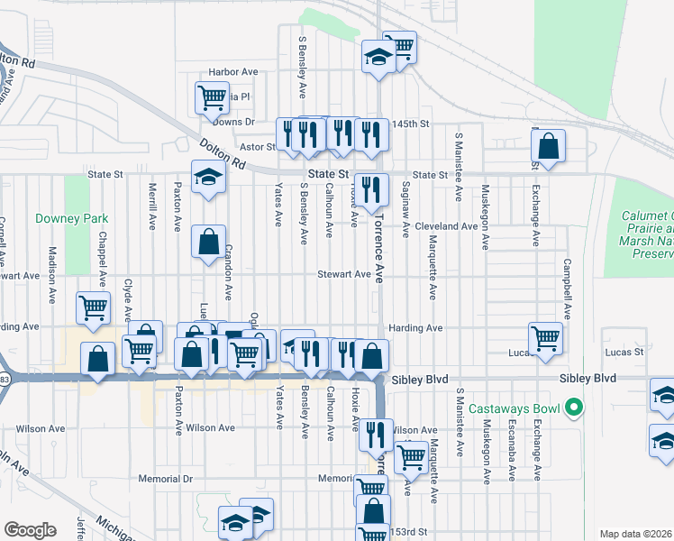 map of restaurants, bars, coffee shops, grocery stores, and more near 365 Calhoun Avenue in Calumet City