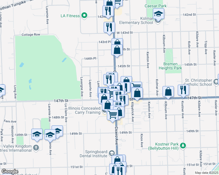 map of restaurants, bars, coffee shops, grocery stores, and more near 14640 South Cicero Avenue in Midlothian