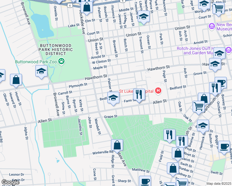 map of restaurants, bars, coffee shops, grocery stores, and more near 72 Ryan Street in New Bedford