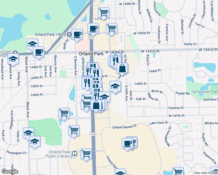 map of restaurants, bars, coffee shops, grocery stores, and more near 14492 John Humphrey Drive in Orland Park