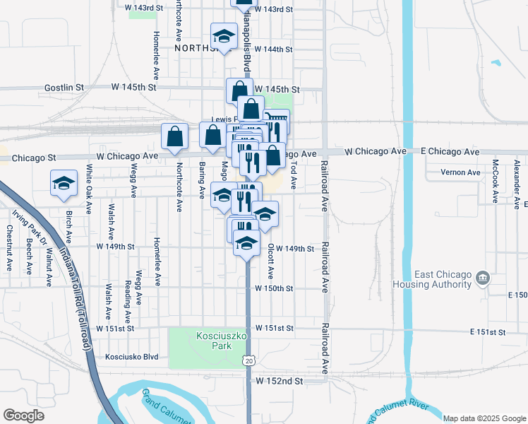 map of restaurants, bars, coffee shops, grocery stores, and more near 4822 Olcott Avenue in East Chicago