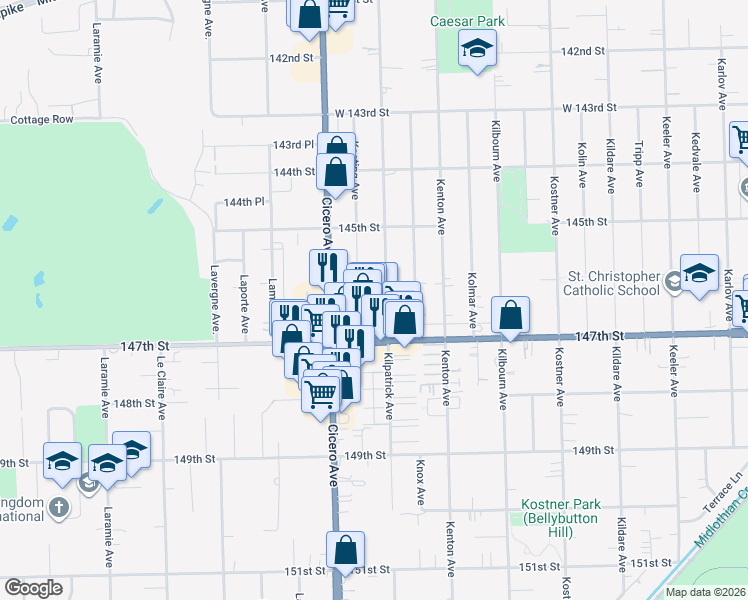 map of restaurants, bars, coffee shops, grocery stores, and more near 14600 Kilpatrick Avenue in Midlothian