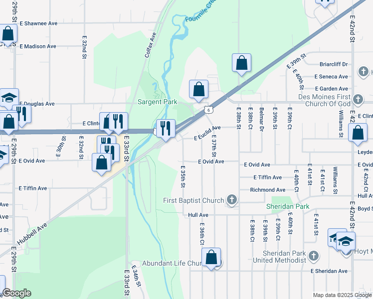 map of restaurants, bars, coffee shops, grocery stores, and more near 3419 East 35th Street in Des Moines