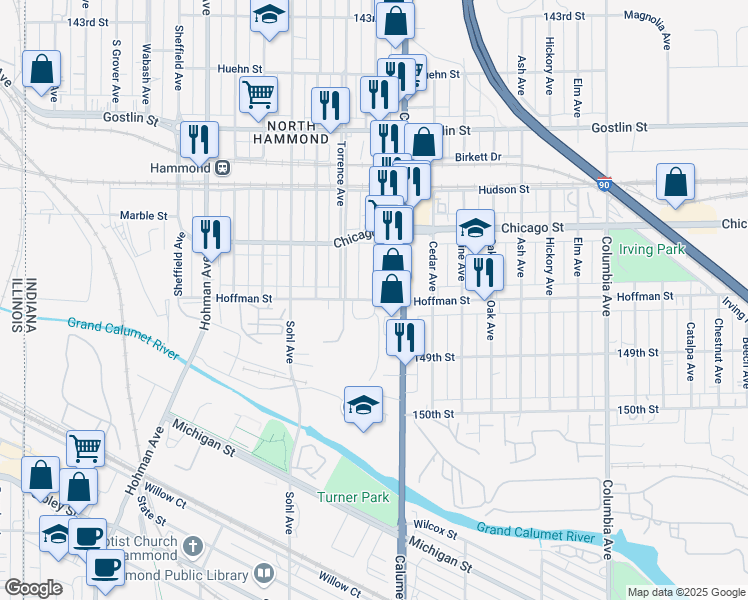 map of restaurants, bars, coffee shops, grocery stores, and more near 732 Hoffman Street in Hammond