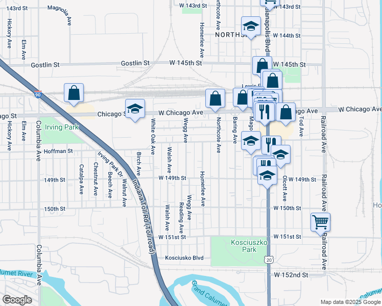 map of restaurants, bars, coffee shops, grocery stores, and more near 4817 Wegg Ave in East Chicago