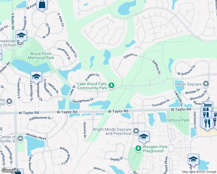 map of restaurants, bars, coffee shops, grocery stores, and more near 21413 Frost Court in Plainfield