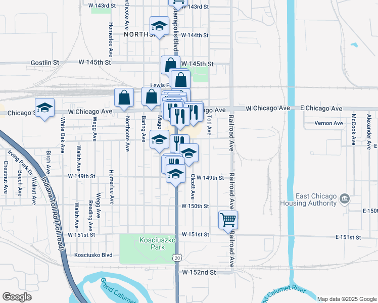 map of restaurants, bars, coffee shops, grocery stores, and more near 4822 Olcott Avenue in East Chicago