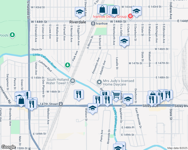 map of restaurants, bars, coffee shops, grocery stores, and more near 14743 Princeton Avenue in Dolton