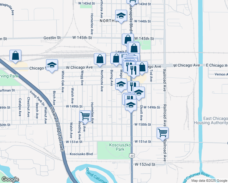 map of restaurants, bars, coffee shops, grocery stores, and more near 4817 Baring Avenue in East Chicago