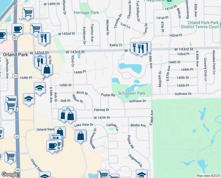 map of restaurants, bars, coffee shops, grocery stores, and more near 9031 Caddy Ct in Orland Park