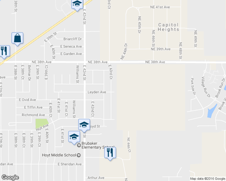 map of restaurants, bars, coffee shops, grocery stores, and more near 3503 East 43rd Court in Des Moines