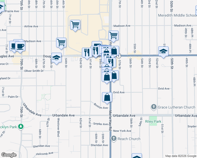 map of restaurants, bars, coffee shops, grocery stores, and more near 3409 59th Street in Des Moines