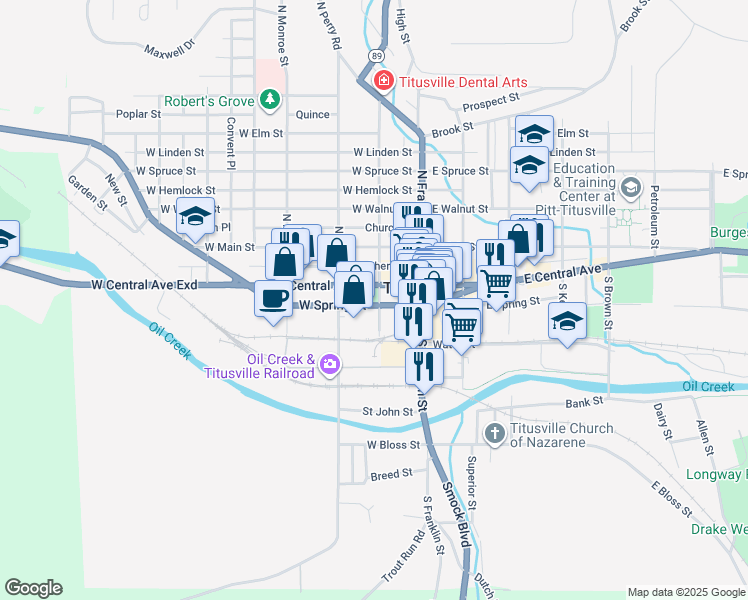 map of restaurants, bars, coffee shops, grocery stores, and more near 202 West Spring Street in Titusville