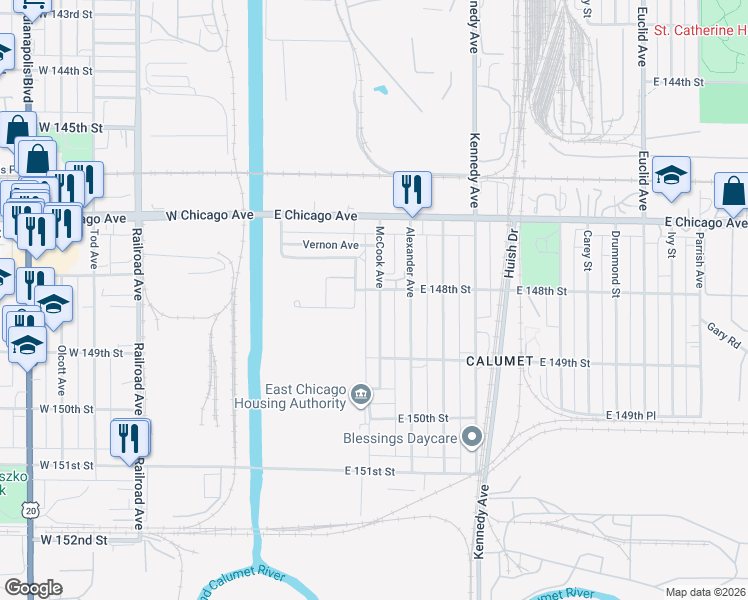 map of restaurants, bars, coffee shops, grocery stores, and more near 4810 McCook Avenue in East Chicago