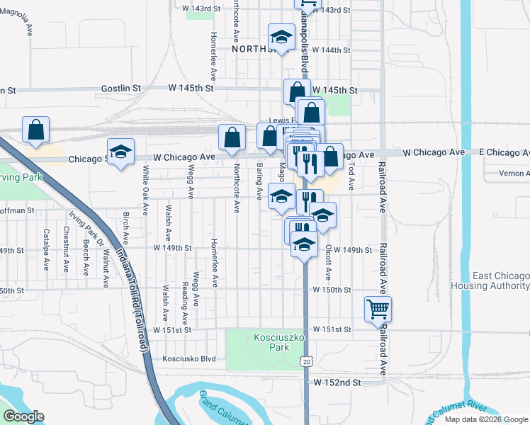 map of restaurants, bars, coffee shops, grocery stores, and more near 4817 Baring Avenue in East Chicago