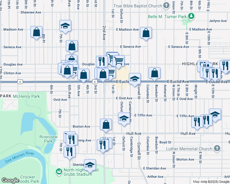 map of restaurants, bars, coffee shops, grocery stores, and more near 3416 Oxford Street in Des Moines
