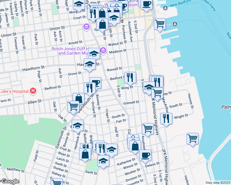 map of restaurants, bars, coffee shops, grocery stores, and more near 61 Forest Street in New Bedford