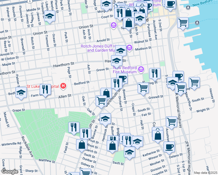 map of restaurants, bars, coffee shops, grocery stores, and more near 35 Cottage Street in New Bedford