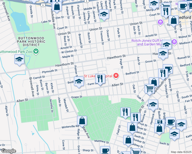 map of restaurants, bars, coffee shops, grocery stores, and more near 40 Brigham Street in New Bedford