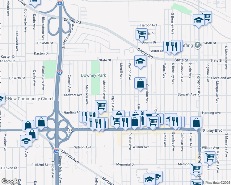 map of restaurants, bars, coffee shops, grocery stores, and more near 364 Clyde Avenue in Calumet City