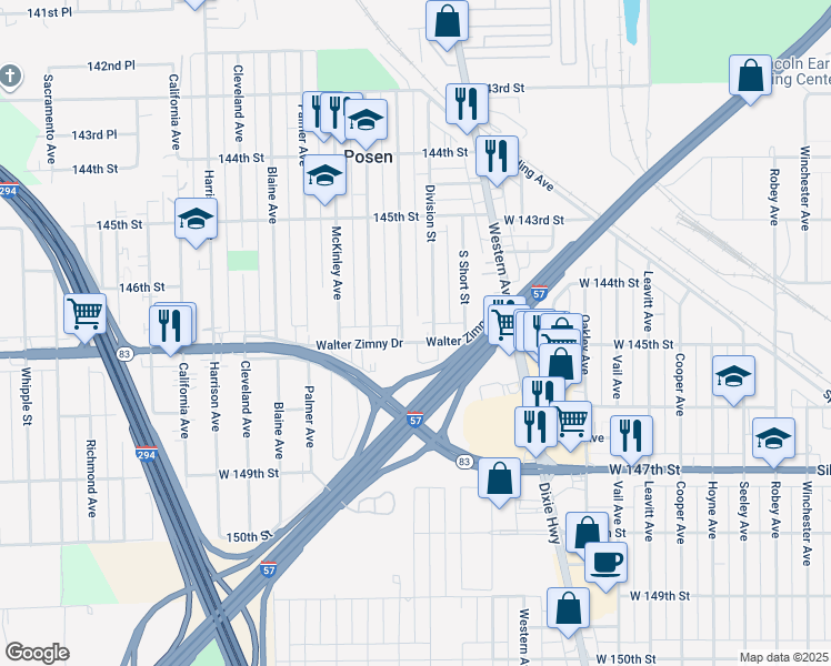 map of restaurants, bars, coffee shops, grocery stores, and more near 2412 Walter Zimny Drive in Posen