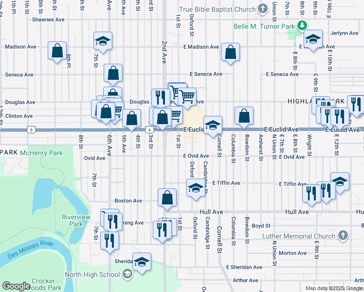 map of restaurants, bars, coffee shops, grocery stores, and more near 3416 Oxford Street in Des Moines
