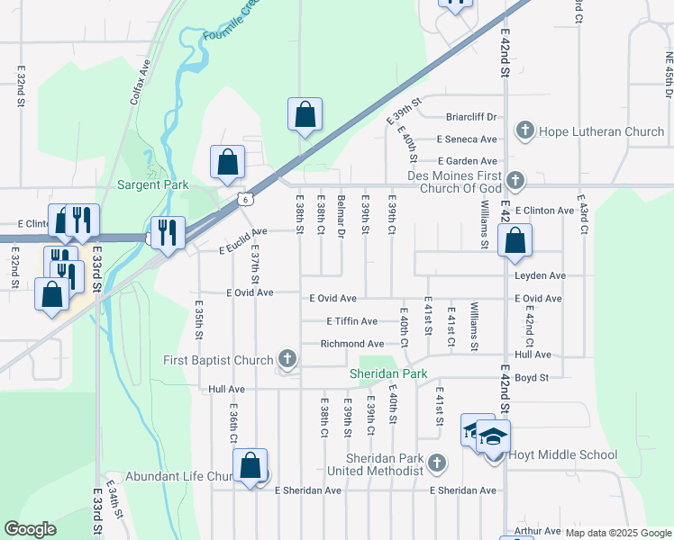 map of restaurants, bars, coffee shops, grocery stores, and more near 3836 Leyden Avenue in Des Moines