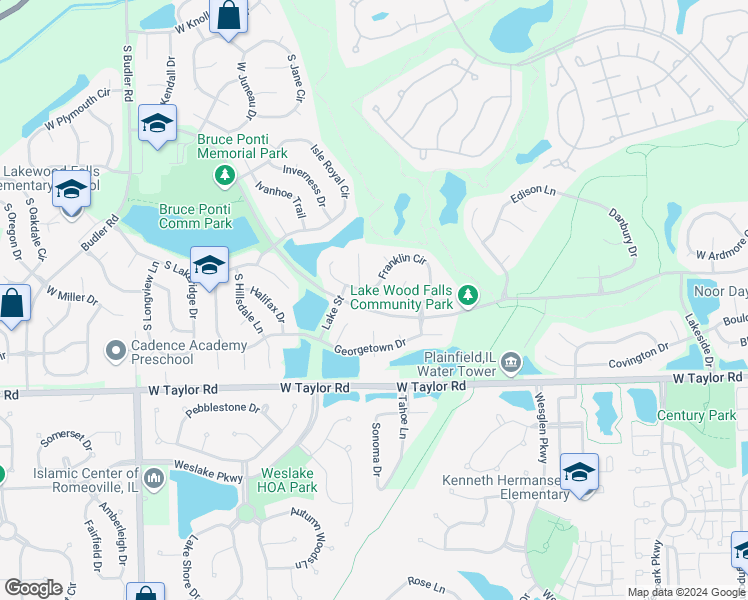 map of restaurants, bars, coffee shops, grocery stores, and more near 21555 Fulton Court in Plainfield