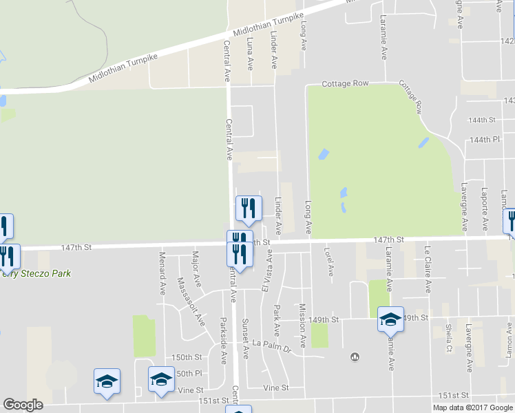 map of restaurants, bars, coffee shops, grocery stores, and more near 14526 Cromwell Lane in Oak Forest