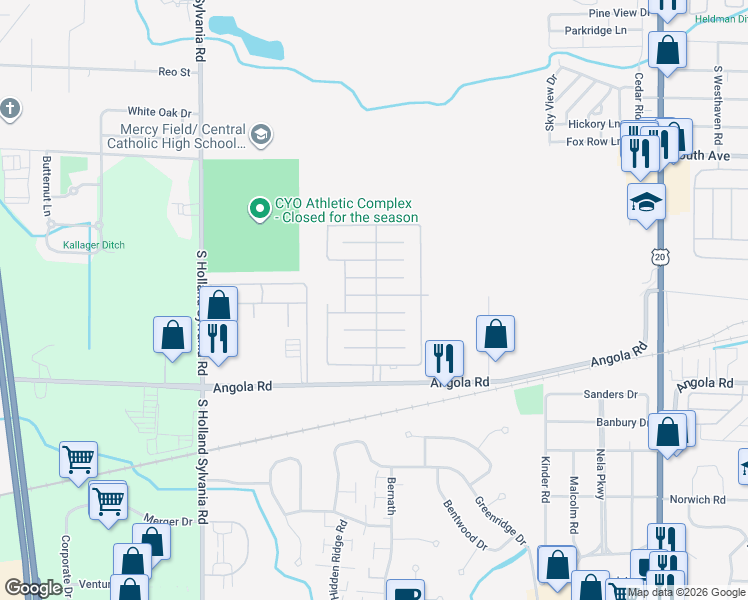 map of restaurants, bars, coffee shops, grocery stores, and more near 73 Bluestem Drive in Toledo