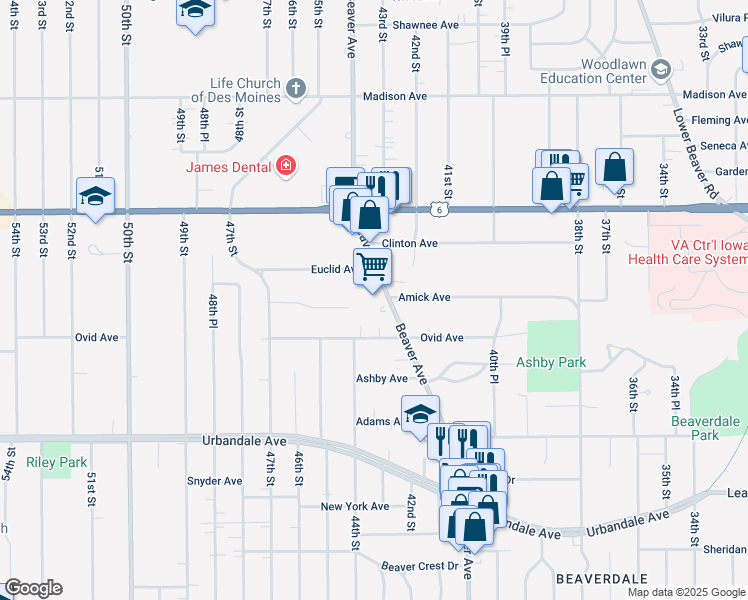 map of restaurants, bars, coffee shops, grocery stores, and more near 3422 Beaver Avenue in Des Moines