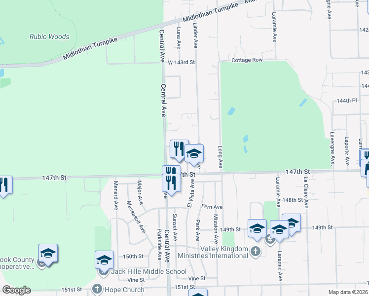 map of restaurants, bars, coffee shops, grocery stores, and more near 14511 Central Court in Oak Forest
