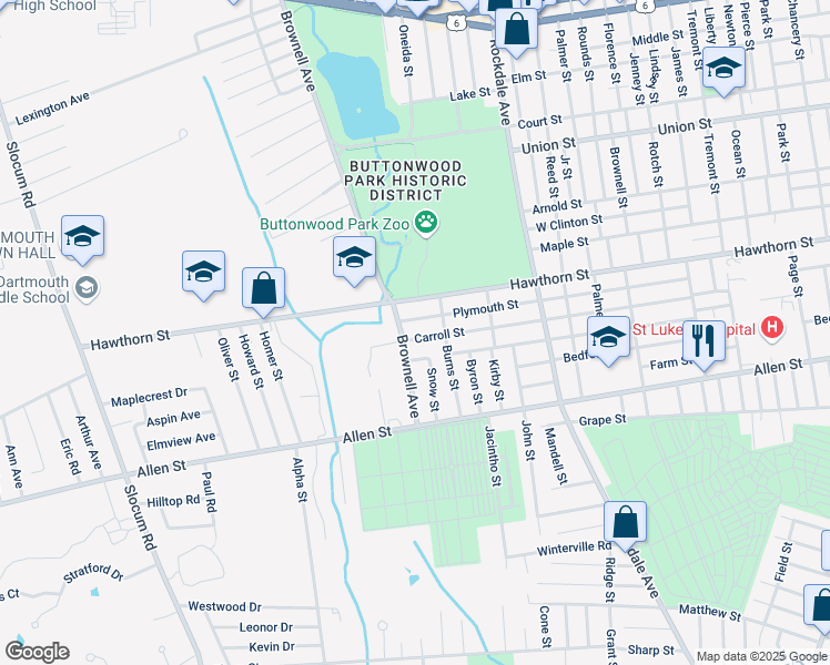 map of restaurants, bars, coffee shops, grocery stores, and more near 96 Brownell Avenue in New Bedford
