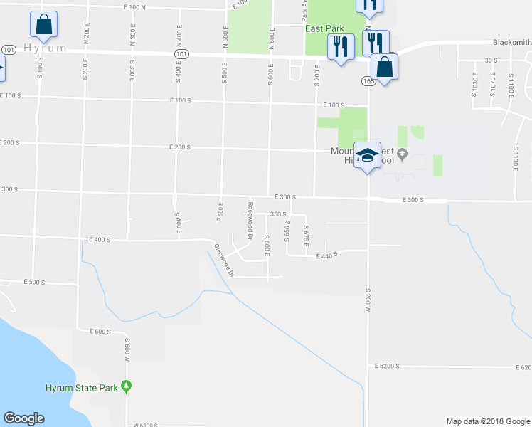 map of restaurants, bars, coffee shops, grocery stores, and more near 350 South in Hyrum