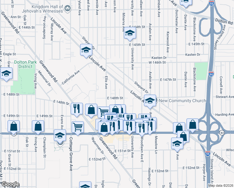 map of restaurants, bars, coffee shops, grocery stores, and more near 14741 Dobson Avenue in Dolton