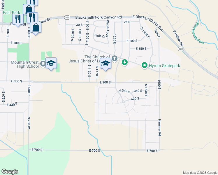 map of restaurants, bars, coffee shops, grocery stores, and more near 1215 East 330 South in Hyrum