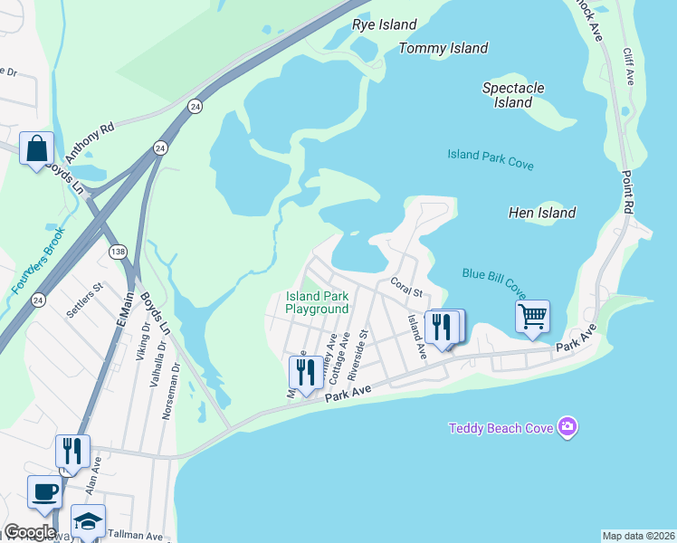 map of restaurants, bars, coffee shops, grocery stores, and more near 203 Cedar Avenue in Portsmouth