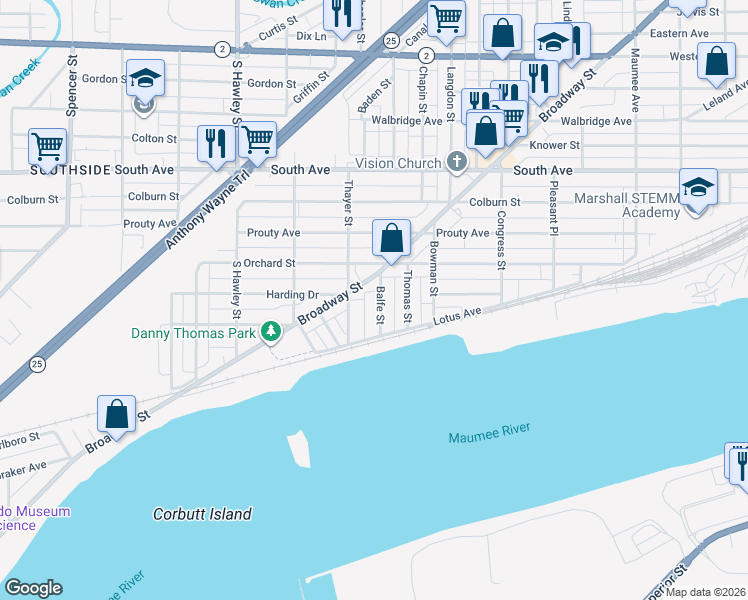 map of restaurants, bars, coffee shops, grocery stores, and more near 707 Thayer Street in Toledo