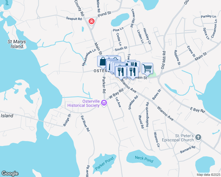 map of restaurants, bars, coffee shops, grocery stores, and more near 23 Sunset Lane in Barnstable