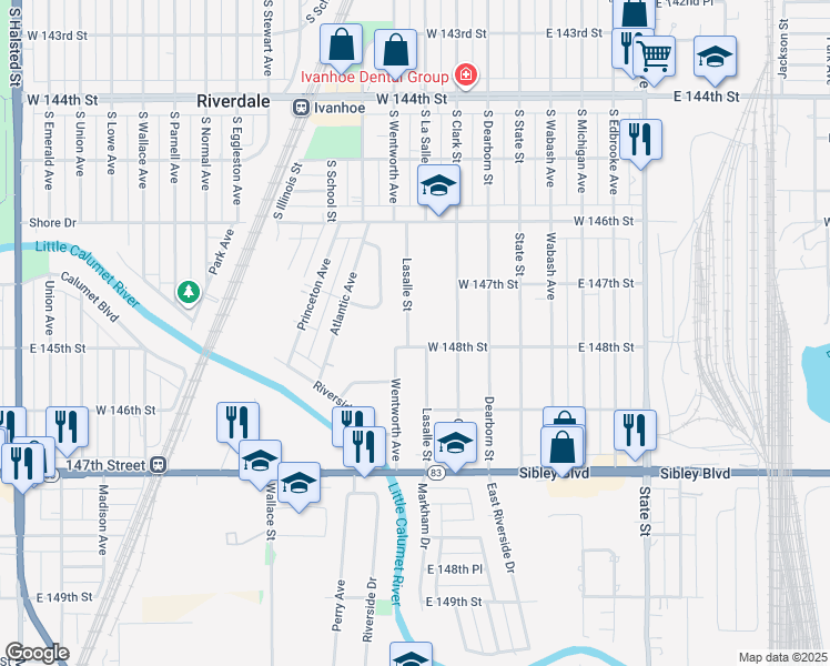 map of restaurants, bars, coffee shops, grocery stores, and more near 14747 La Salle Street in Dolton