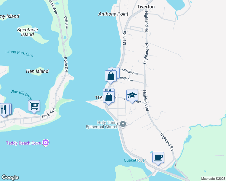 map of restaurants, bars, coffee shops, grocery stores, and more near 20 Lawton Avenue in Tiverton
