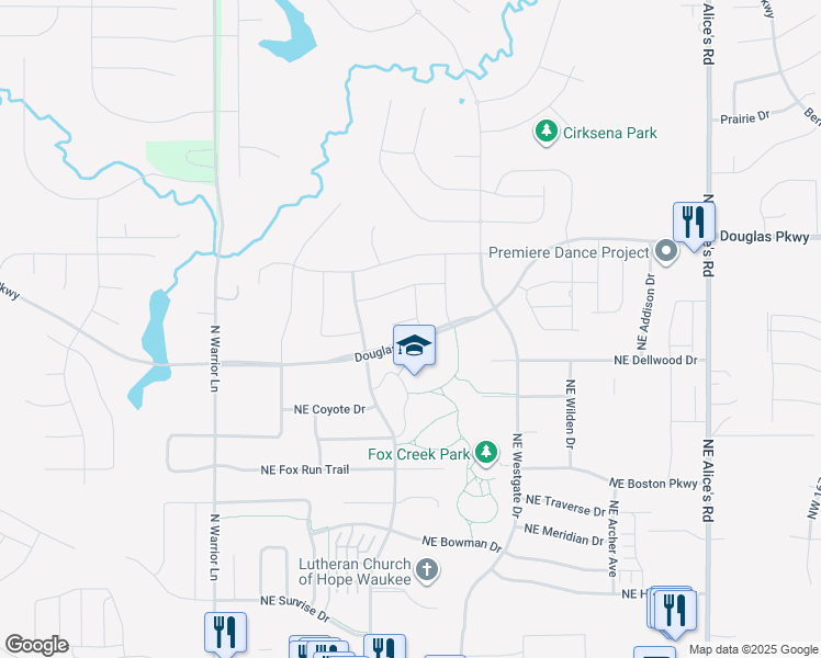 map of restaurants, bars, coffee shops, grocery stores, and more near 360 Northeast Hawk Circle in Waukee